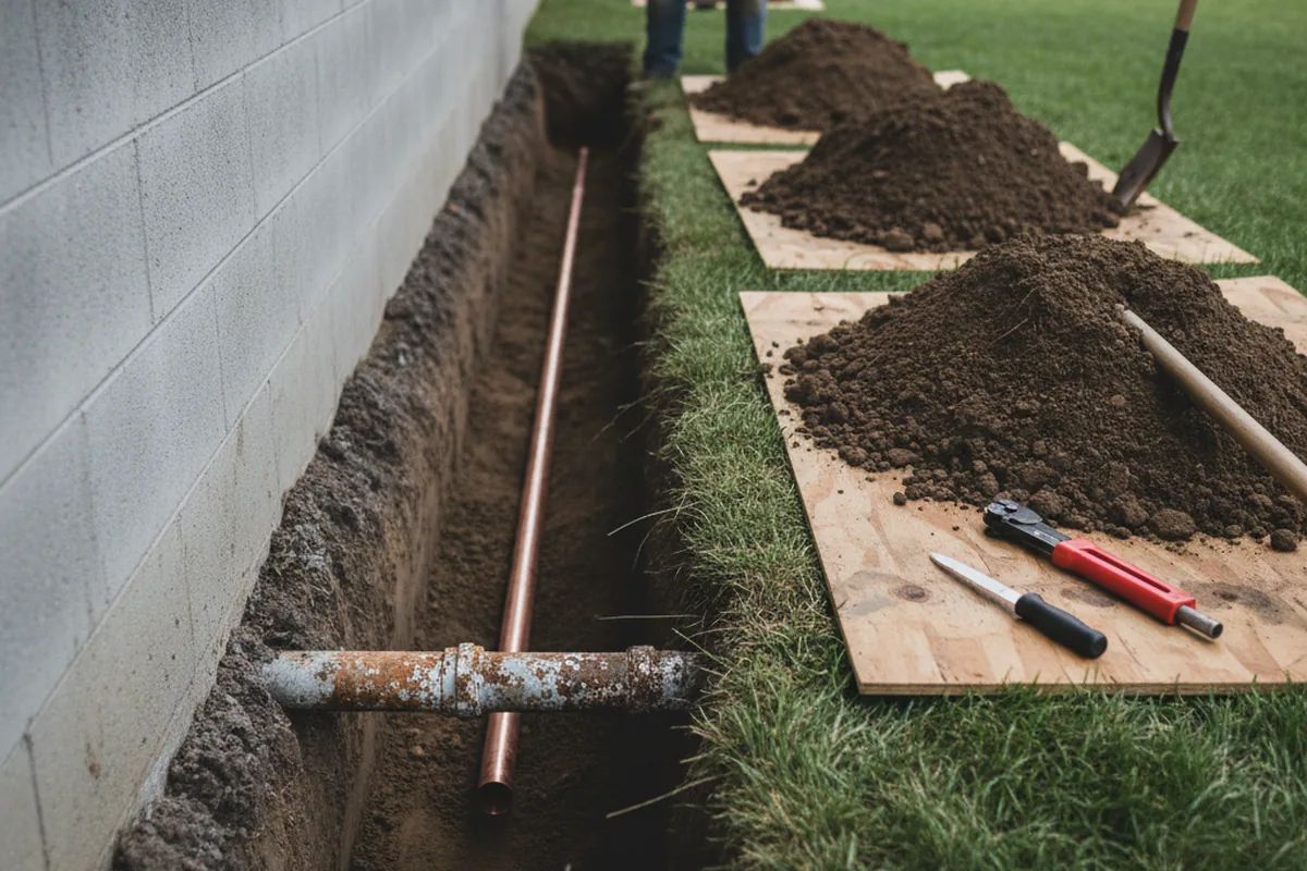 Excavated water line trench during Sewer Line Repair in Wapella